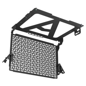 Black metal mounting frame with a perforated lattice panel and adjustable side brackets