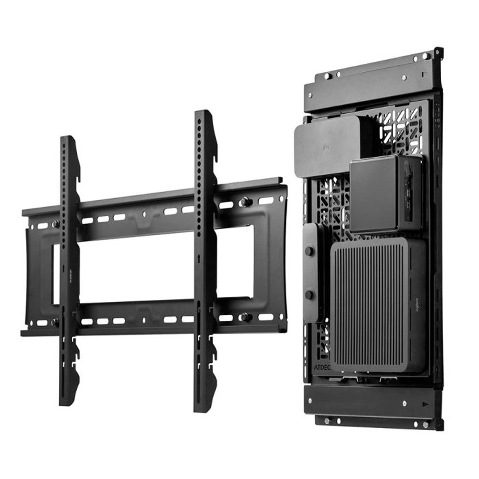 Atdec Ad-Ac-Ps Atdec wall-mount monitor bracket system with adjustable rails and an enclosed chassis.