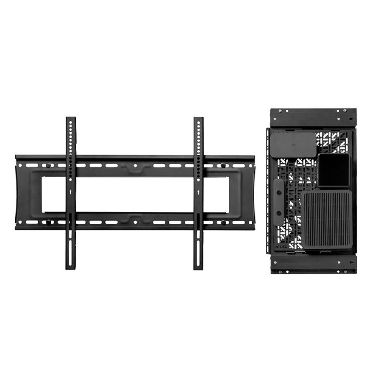 Atdec Ad-Ac-Ps Black wall-mount bracket with two vertical rails and a compact computer tower on the right.