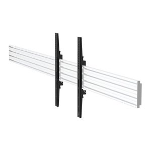 Dual-monitor wall mount with vertical rails and horizontal mounting tracks.