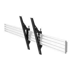 Dual-arm wall mount for two flat-screen TVs with black arms and a long silver mounting rail.