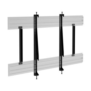 Sliding door hardware kit with two aluminum tracks and black vertical brackets for wall mounting.