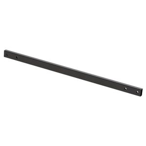 Black metal mounting rail, flat rectangular bar with two screw holes at each end.