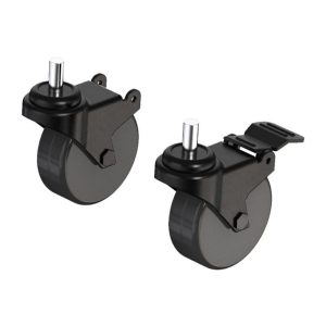 Pair of black caster wheels with metal stems and integrated brake levers.