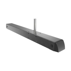 Long black metal mounting rail with a central vertical post, multiple mounting holes, and a rounded end cap.