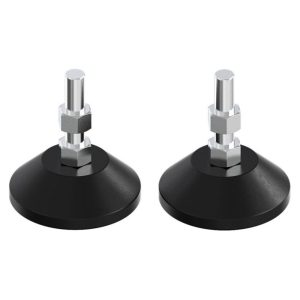 Pair of adjustable furniture leveling feet with chrome threaded stems and black conical bases.