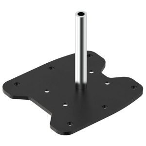 Black metal mounting plate with a central vertical chrome post and multiple screw holes.