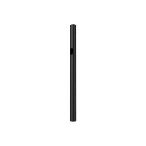 Slim black cylindrical electronic device standing upright with a circular side opening.