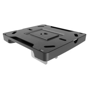 Black tripod quick-release mounting plate with a central 1/4-inch screw and recessed securing area