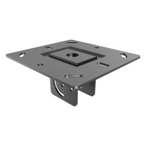 Gray metal mounting plate with four elongated slots, a central square pad, and a curved U-shaped clamp underneath.