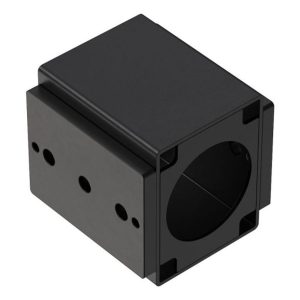 Black plastic mounting block with a circular hole and multiple smaller screw holes on the side.
