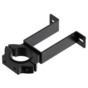 Black metal clamp assembly with circular tube holder and two extending mounting arms.