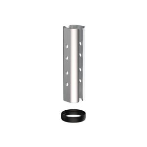 Stainless steel cabinet door hinge with a perforated mounting plate and a separate black ring spacer.