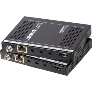 Dual HDBaseT HDMI extender kit with IR ports, RS-232, Ethernet, and 24V DC power.