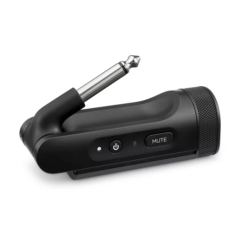 Bose Wireless Instrument Transmitter Compact black wireless microphone transmitter with power switch, mute button, and knurled end dial.