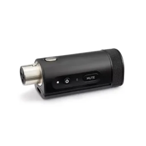 Black wireless microphone receiver with mute and power buttons, LED indicator, metal connector on the front, and knurled end.