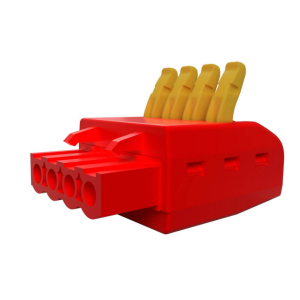 Red plastic modular block with five yellow vertical levers and four circular front holes.