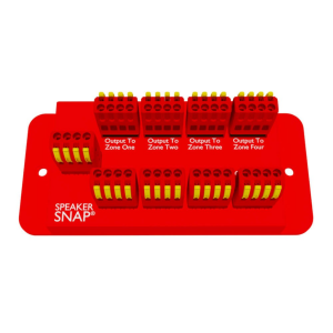 Speaker Snap red multi-zone speaker terminal block with screw terminals.