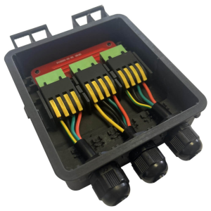 Three-channel LED driver module in a black plastic enclosure with color-coded wires and plug-in connectors.