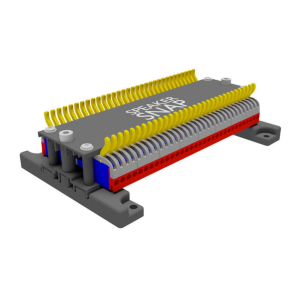 Gray speaker wire terminal block with two rows of yellow spring contacts and red/blue support structure for mounting.