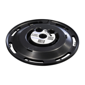 Rijatek Cable-Caddy cable reel, black circular plastic mounting plate with central white spool.