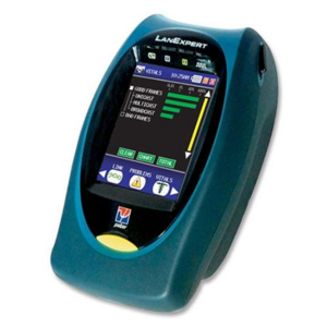 LanExpert handheld network tester with teal case and color touchscreen display.