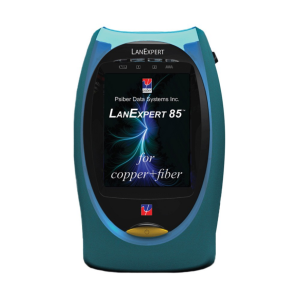 LanExpert 85 handheld network tester for copper and fiber with teal body and touchscreen display