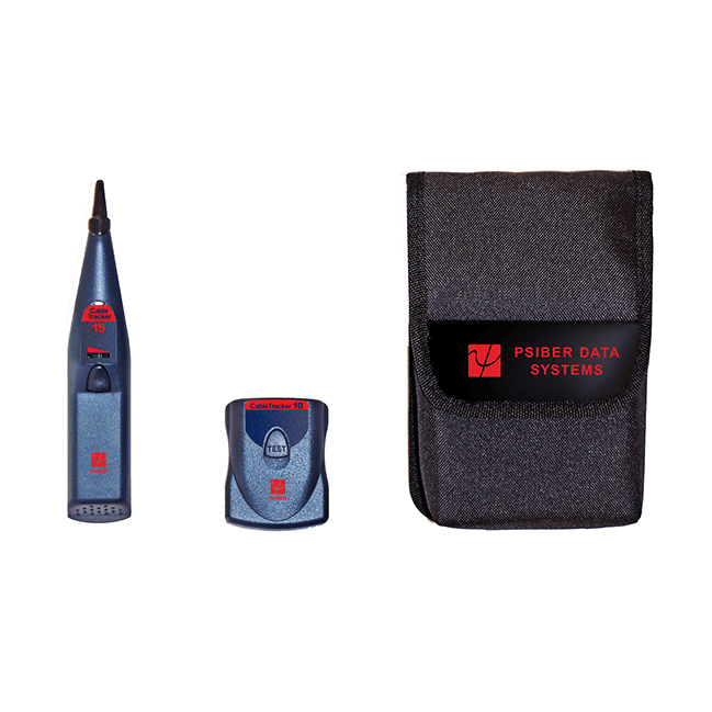 Kordz Psiber – Cabletracker High Power Network Tone &Amp; Probe Kit Psiber data systems cabletracker 15 tone generator, cabletracker 10 receiver, and black carrying pouch.