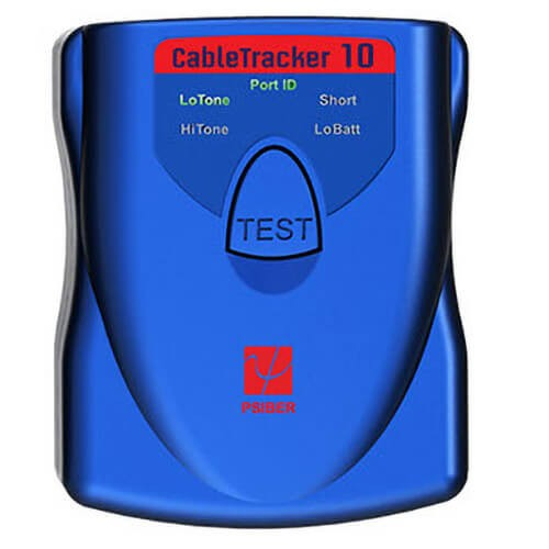 Kordz Psiber – Cabletracker High Power Network Tone &Amp; Probe Kit Cabletracker 10 cable tester by psiber, blue handheld device with test button and port id indicators.