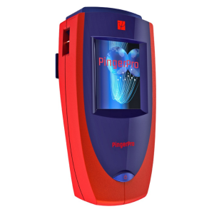 Handheld electronic PingerPro device with red and blue body, touchscreen display showing the PingerPro logo and globe graphics.