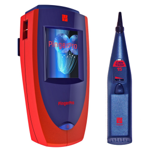 PingerPro handheld tester with red-blue housing and display, alongside a blue Cable Tracker 15 pen-style probe.