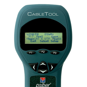 Psiber CableTool handheld cable tester with LCD display and F1–F3 buttons.