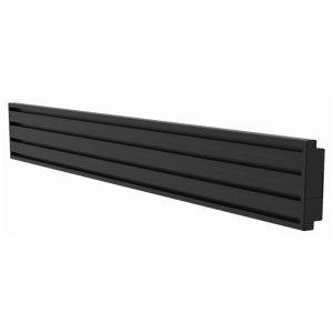 Long black louvered vent panel with horizontal slats and end caps