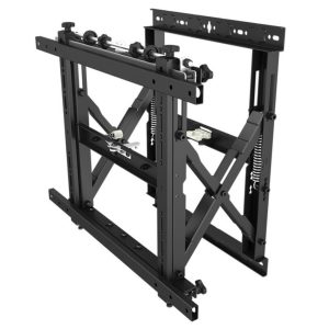 Adjustable black metal frame with scissor legs, spring dampers, and a roller-guided top carriage.