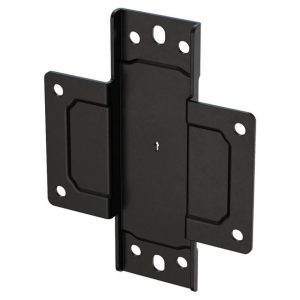 Black metal hinge plate with two side flanges and multiple screw holes.