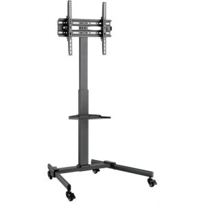 Mobile TV stand with wheeled base, adjustable height pole, and top mounting frame for flat-panel displays.