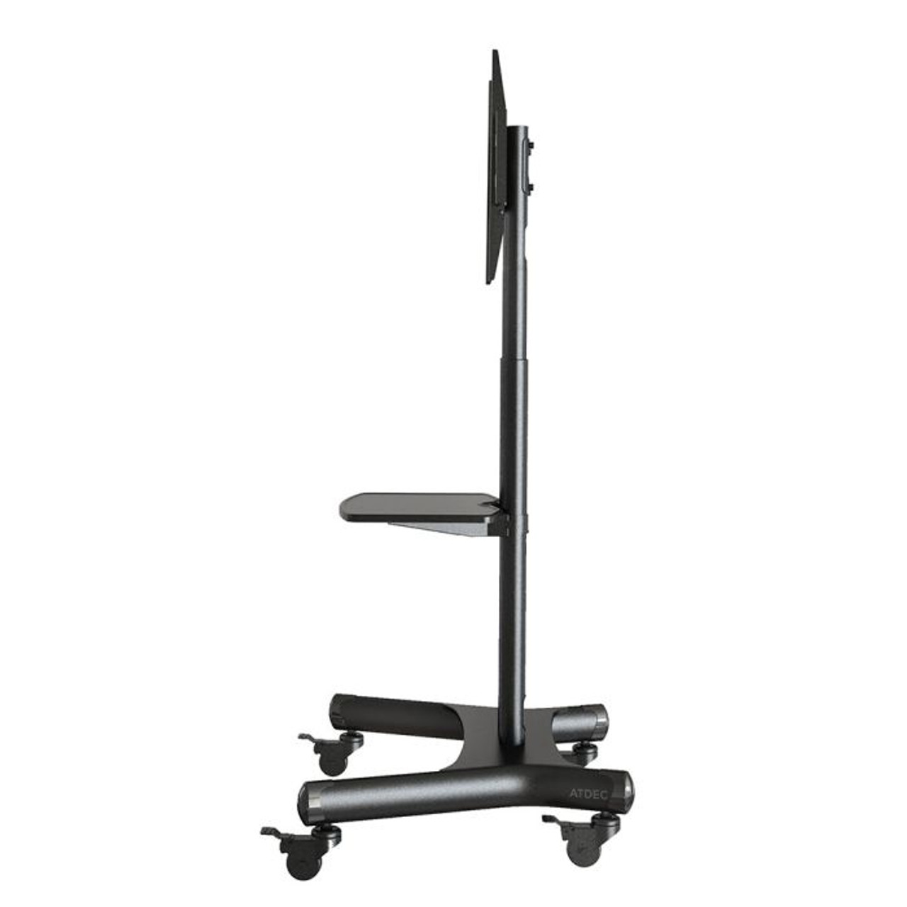 Atdec Ad-Tvc-45 Atdec mobile monitor stand with adjustable vertical pole and keyboard tray on caster base.
