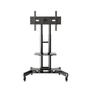 Mobile flat-panel TV stand with dual upright supports, mount plate, shelf, and four casters.