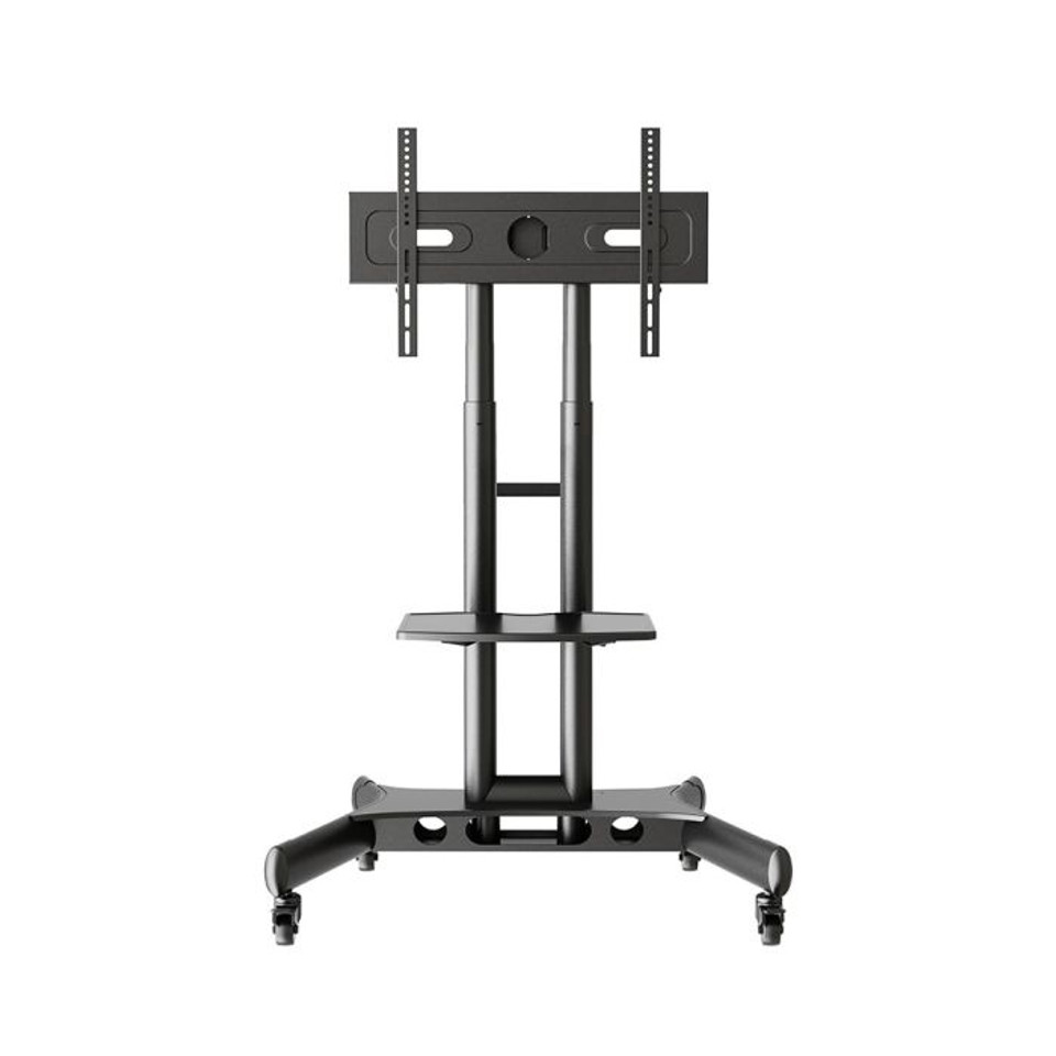 Atdec Ad-Tvc-45 Mobile flat-panel tv stand with dual upright supports, mount plate, shelf, and four casters.