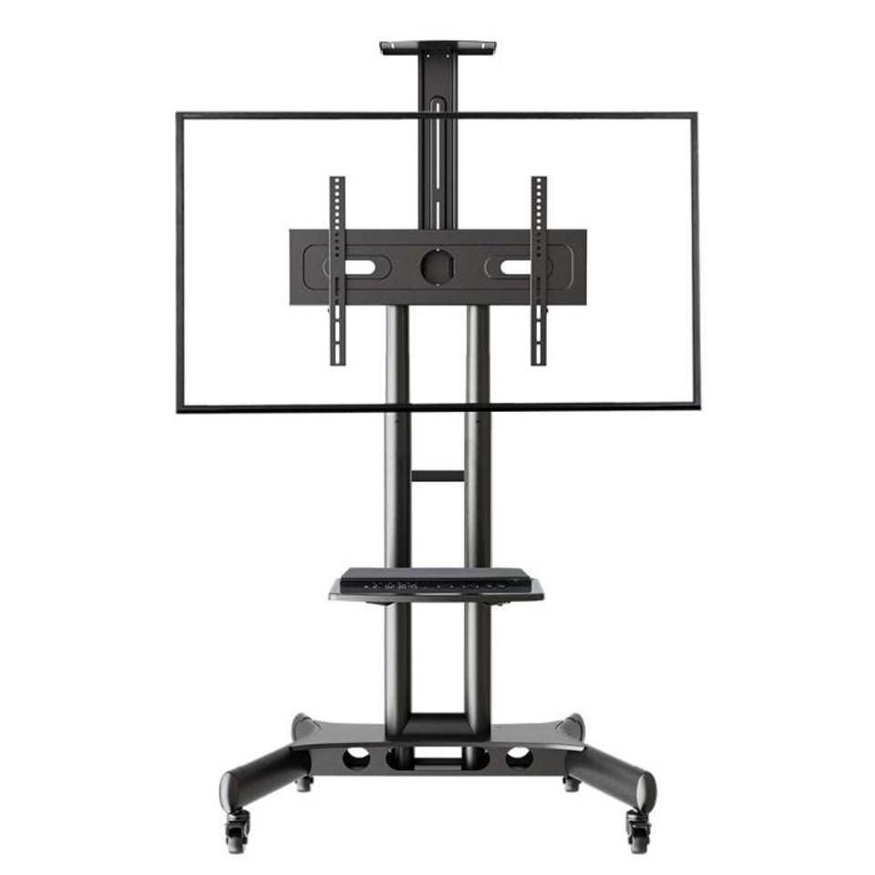 Atdec Ad-Tvc-45 Mobile tv cart with adjustable mounting plate for a large flat-screen, wheeled base, and a rectangular frame for screen attachment.