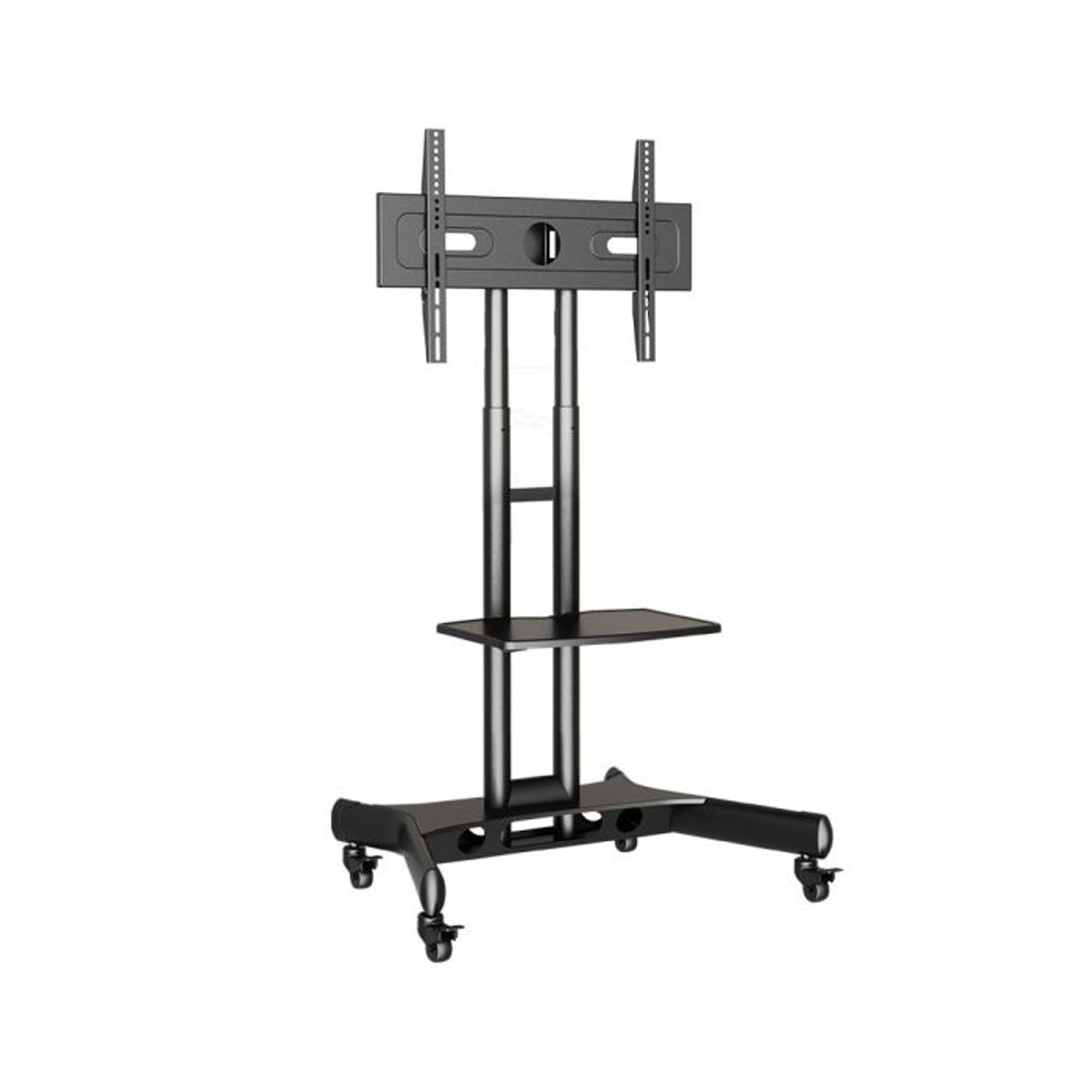Atdec Ad-Tvc-45 Mobile tv stand with adjustable-height vesa mount, two vertical supports, shelf, and casters.