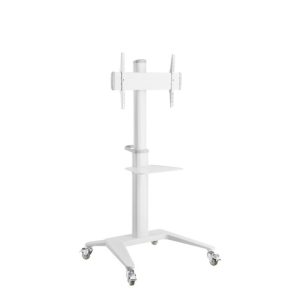 Mobile TV stand on a wheeled base with adjustable height, VESA mounting arms, and two shelves.