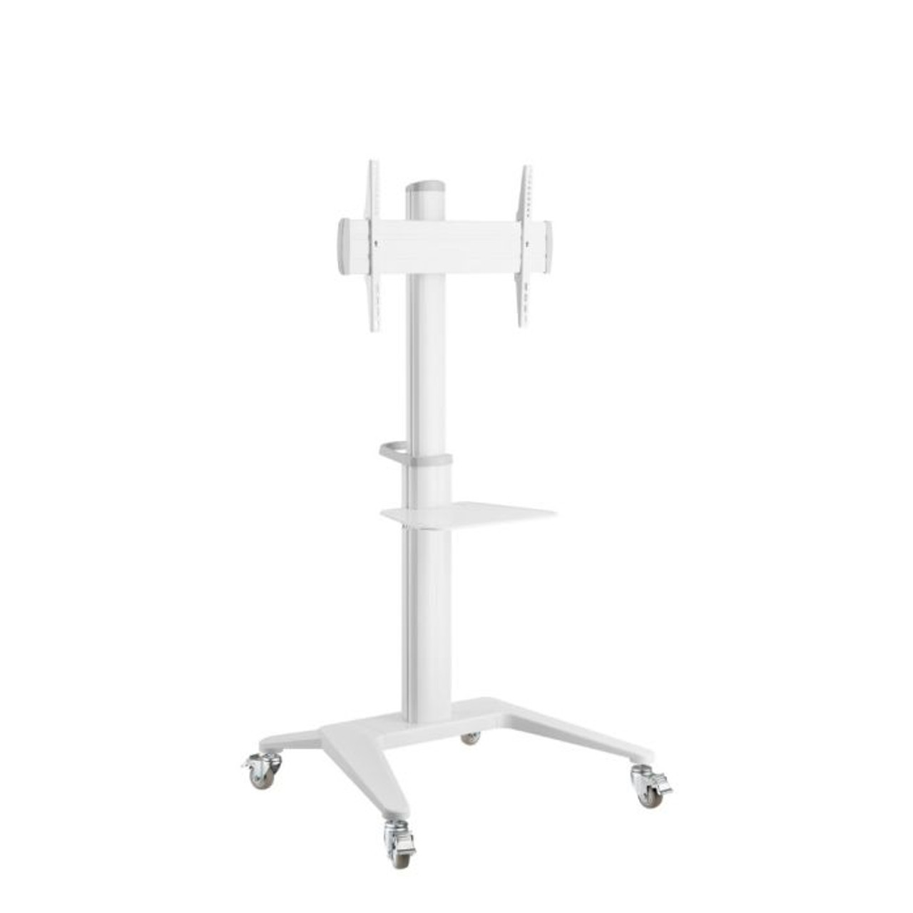 Atdec Ad-Tvc-70A-W Mobile tv stand on a wheeled base with adjustable height, vesa mounting arms, and two shelves.