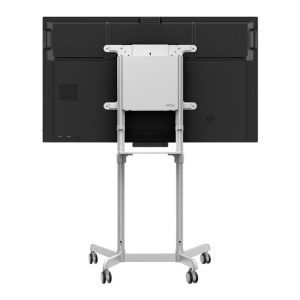 ATDEC monitor mount on a mobile, height-adjustable stand with caster wheels and a large flat-screen monitor.