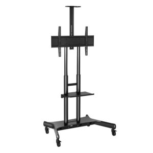 Mobile TV stand with dual vertical posts, adjustable mounting frame, central shelf, and caster base.