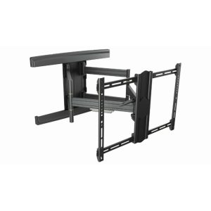 Black articulated wall mount for a flat-screen TV with adjustable arms and VESA mounting rails.