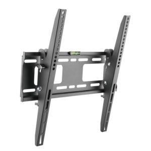 Black dual-arm TV wall mount for LCD/LED displays with built-in level.