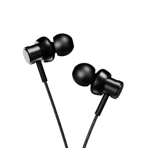 Black wired in-ear headphones with silicone ear tips and a braided cable.