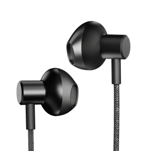 Black wired in-ear earbuds with braided cable and metal housings.