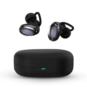 Black true wireless earbuds with ear-hook design and glossy round housings, shown with a black charging case.